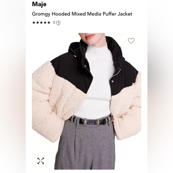 Maje Black Cream High Pile Fleece Faux Shearling Hoodie Puffer Jacket Sz 0 (XS) - Picture 2 of 16